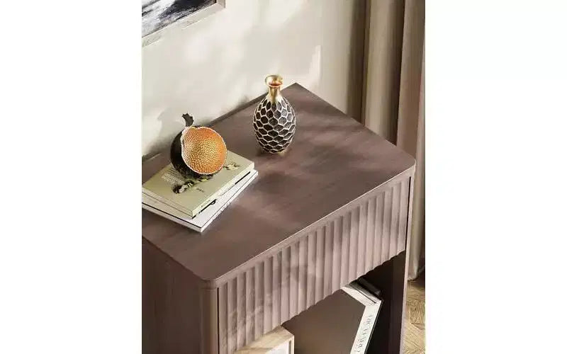 Fluted Wood Nightstand with Storage Drawer and Open Shelf, Mid Century Bed Side Table