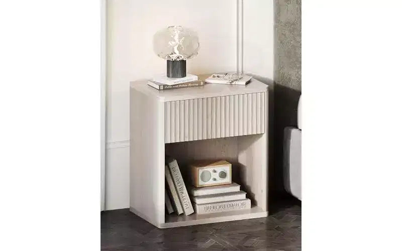 Fluted Wood Nightstand with Storage Drawer and Open Shelf, Mid Century Bed Side Table