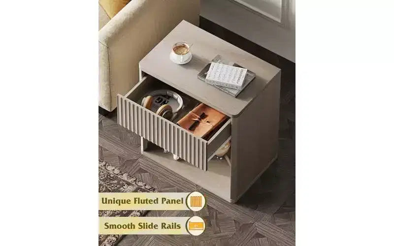 Fluted Wood Nightstand with Storage Drawer and Open Shelf, Mid Century Bed Side Table
