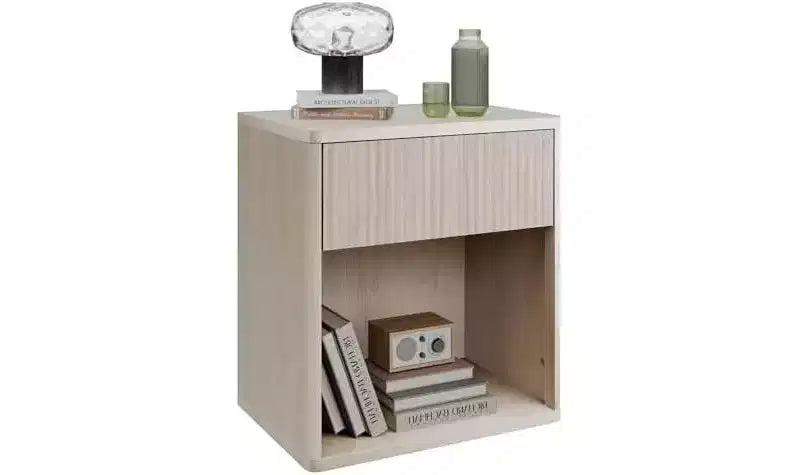 Fluted Wood Nightstand with Storage Drawer and Open Shelf, Mid Century Bed Side Table