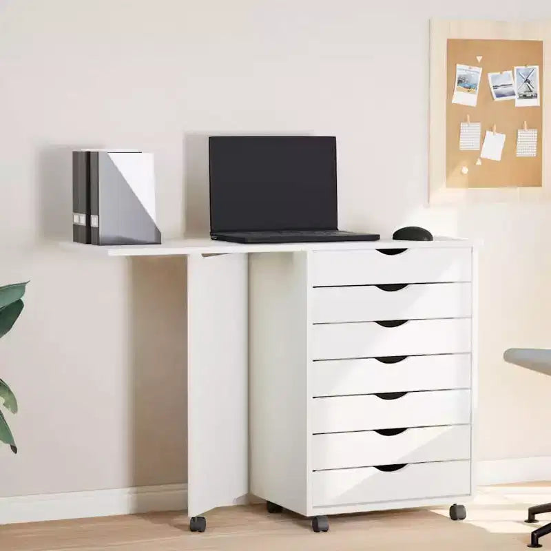 White Solid Pine Rolling Cabinet with Desk