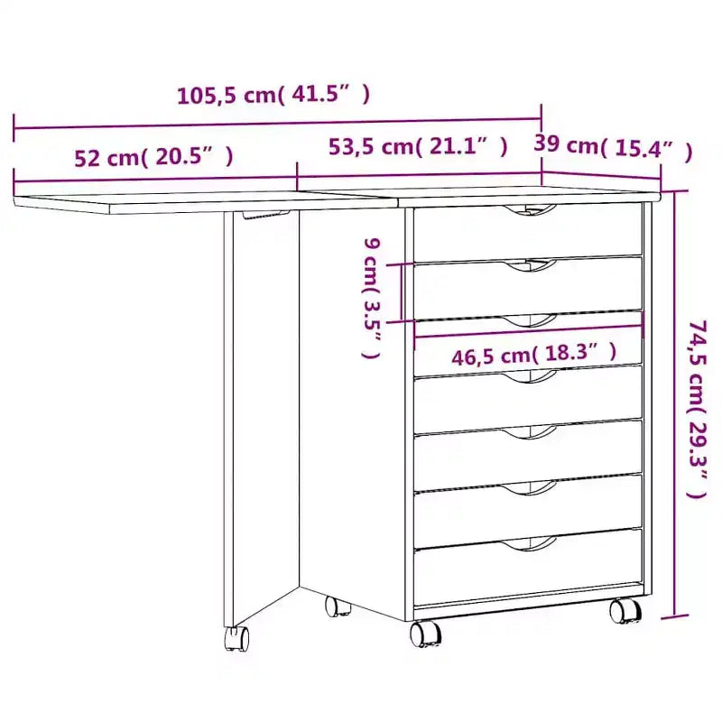 White Solid Pine Rolling Cabinet with Desk