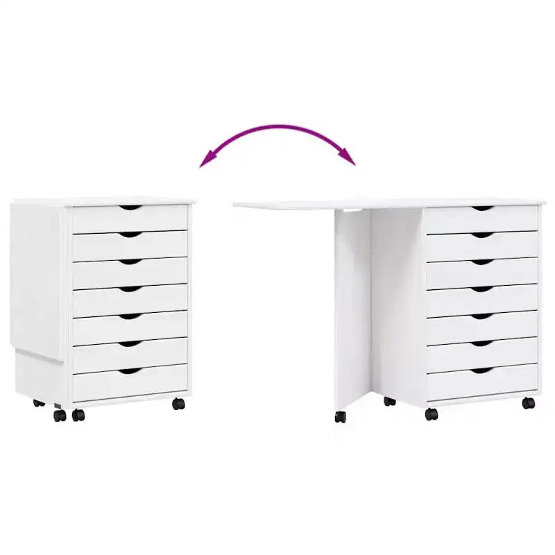 White Solid Pine Rolling Cabinet with Desk