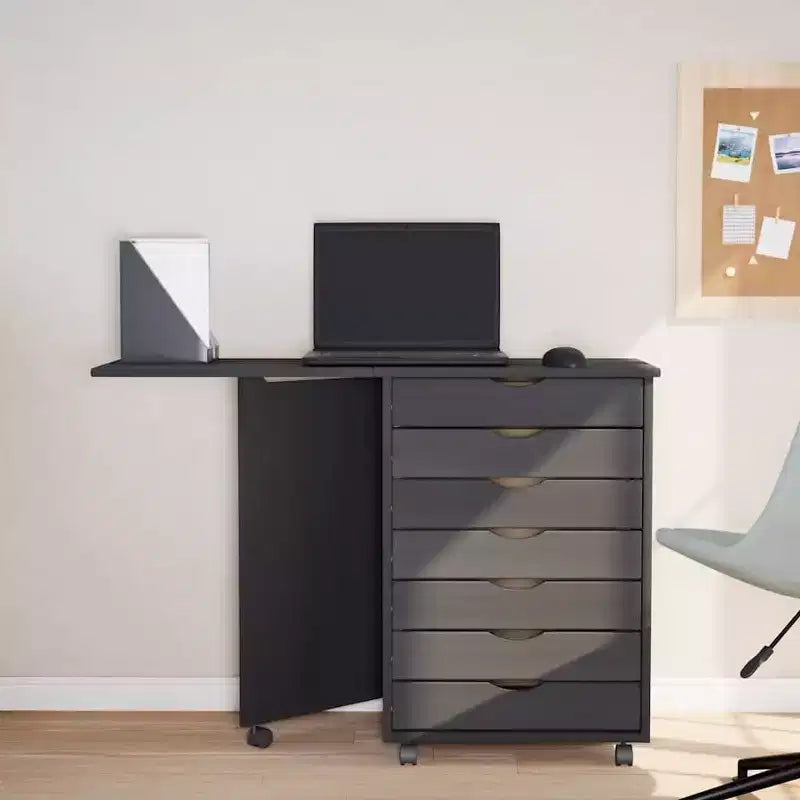 White Solid Pine Rolling Cabinet with Desk