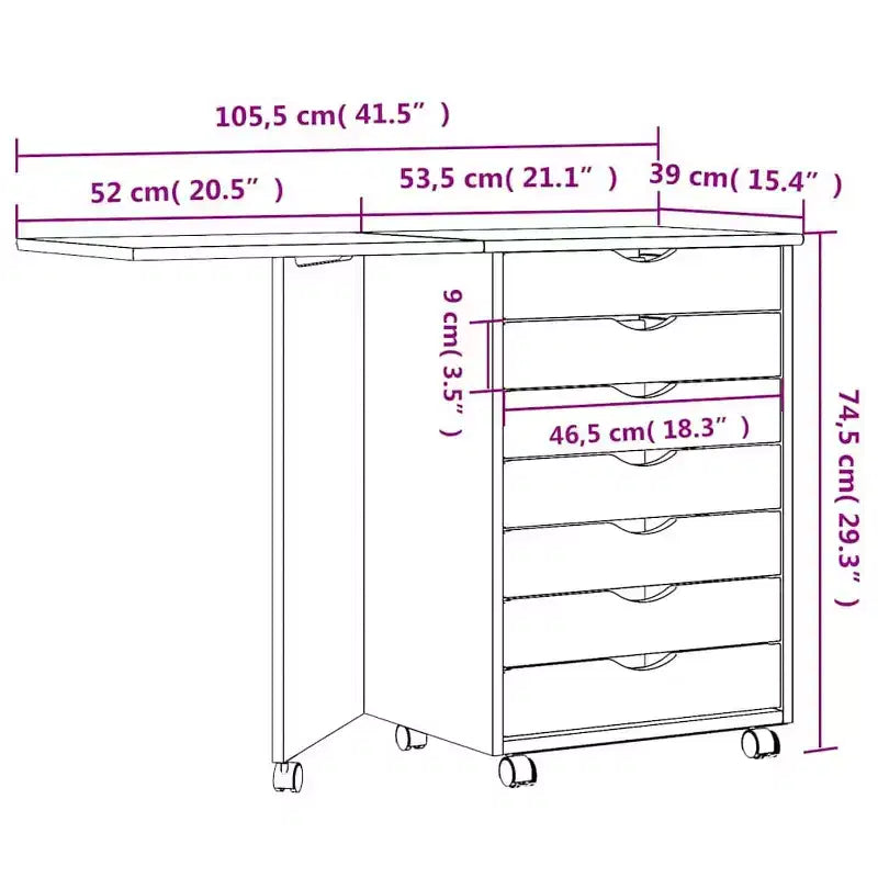 White Solid Pine Rolling Cabinet with Desk