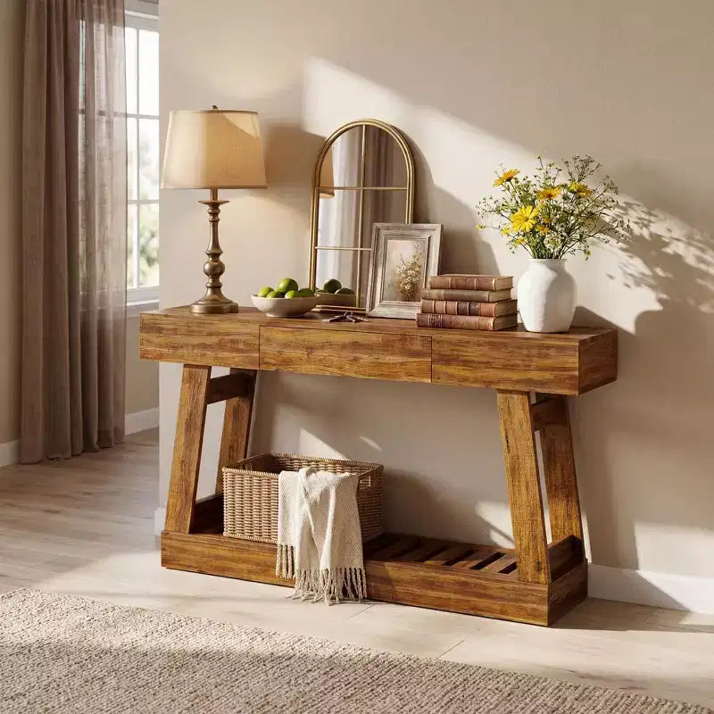 60''Farmhouse Narrow Console Table with Drawer,Wooden Sofa Side Table with Bottom Storage Shelf, for Living Room, Hallway, Behind Couch
