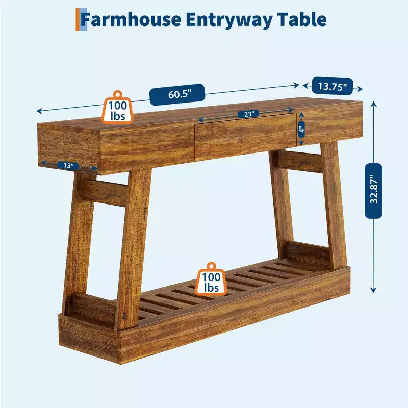 60''Farmhouse Narrow Console Table with Drawer,Wooden Sofa Side Table with Bottom Storage Shelf, for Living Room, Hallway, Behind Couch