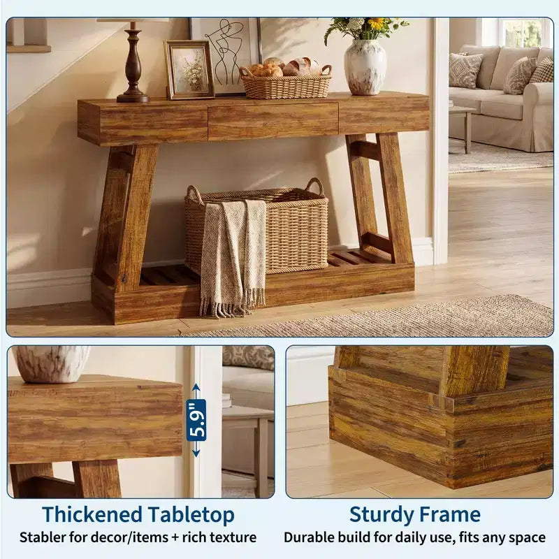 60''Farmhouse Narrow Console Table with Drawer,Wooden Sofa Side Table with Bottom Storage Shelf, for Living Room, Hallway, Behind Couch