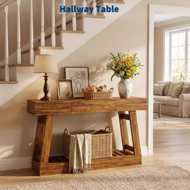 60''Farmhouse Narrow Console Table with Drawer,Wooden Sofa Side Table with Bottom Storage Shelf, for Living Room, Hallway, Behind Couch