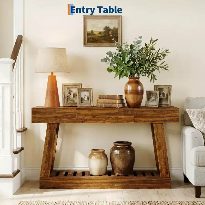 60''Farmhouse Narrow Console Table with Drawer,Wooden Sofa Side Table with Bottom Storage Shelf, for Living Room, Hallway, Behind Couch