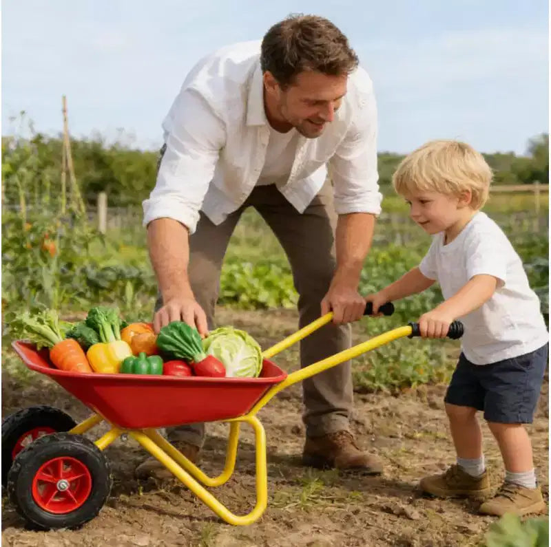 Children's Metal Wheelbarrow, 33LBS Kids Garden Cart, Heavy Duty Steel Tray Yard Utility Cart for Leaves Soil Sand Outdoor Gardening Tool