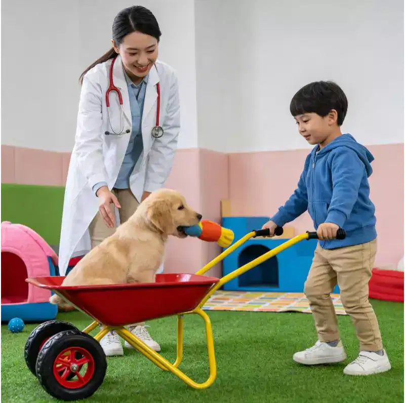 Children's Metal Wheelbarrow, 33LBS Kids Garden Cart, Heavy Duty Steel Tray Yard Utility Cart for Leaves Soil Sand Outdoor Gardening Tool
