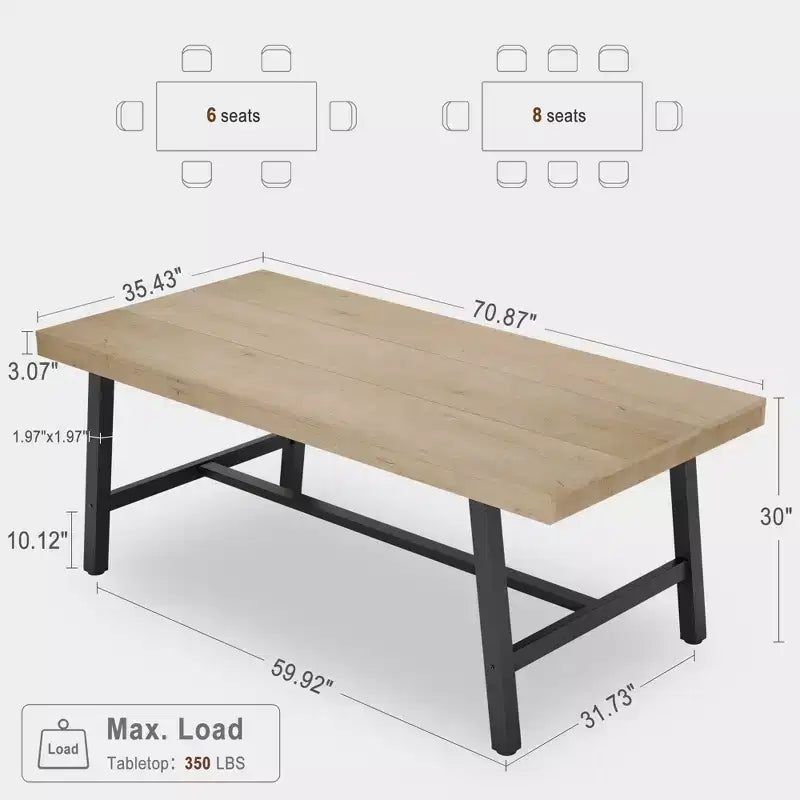 70.9 Inch Dining Table for 6-8, Large Industrial Rectangle Table with Wood Top and Metal Legs for Kitchen Dining Room, Gray