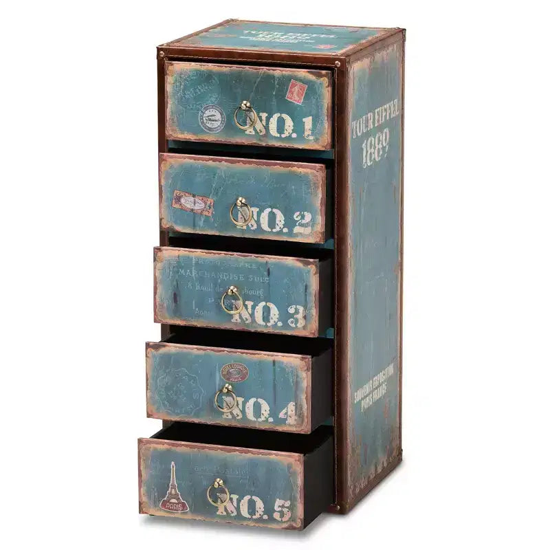 5 Drawer Alba Wood Accent Storage Chest Blue - Parisian Vintage Style with Brass Ring Pulls