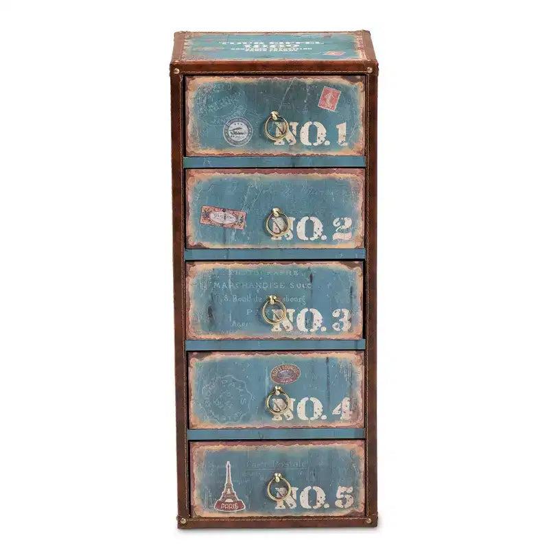 5 Drawer Alba Wood Accent Storage Chest Blue - Parisian Vintage Style with Brass Ring Pulls
