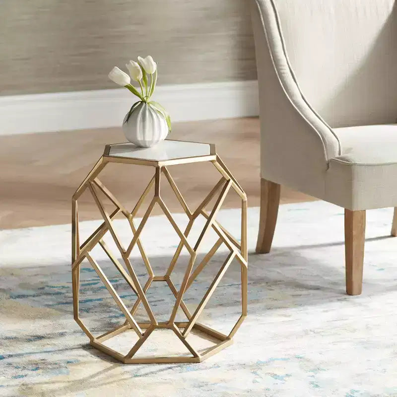 Modern Gold Metal Hexagon Accent Table 20.5" - Real White Marble Tabletop for Living Room or Bedroom