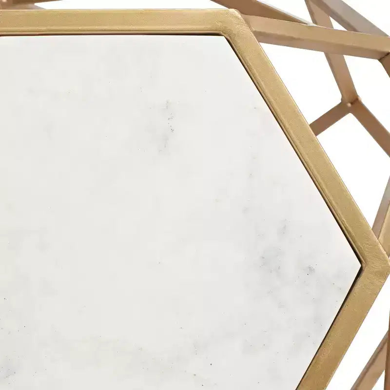Modern Gold Metal Hexagon Accent Table 20.5" - Real White Marble Tabletop for Living Room or Bedroom