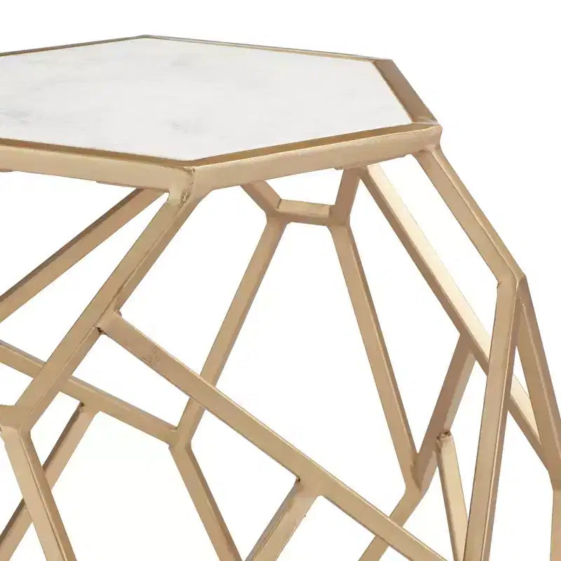 Modern Gold Metal Hexagon Accent Table 20.5" - Real White Marble Tabletop for Living Room or Bedroom