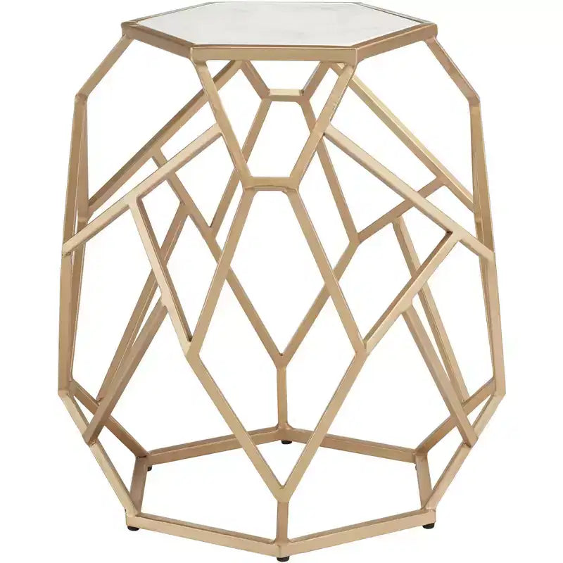 Modern Gold Metal Hexagon Accent Table 20.5" - Real White Marble Tabletop for Living Room or Bedroom